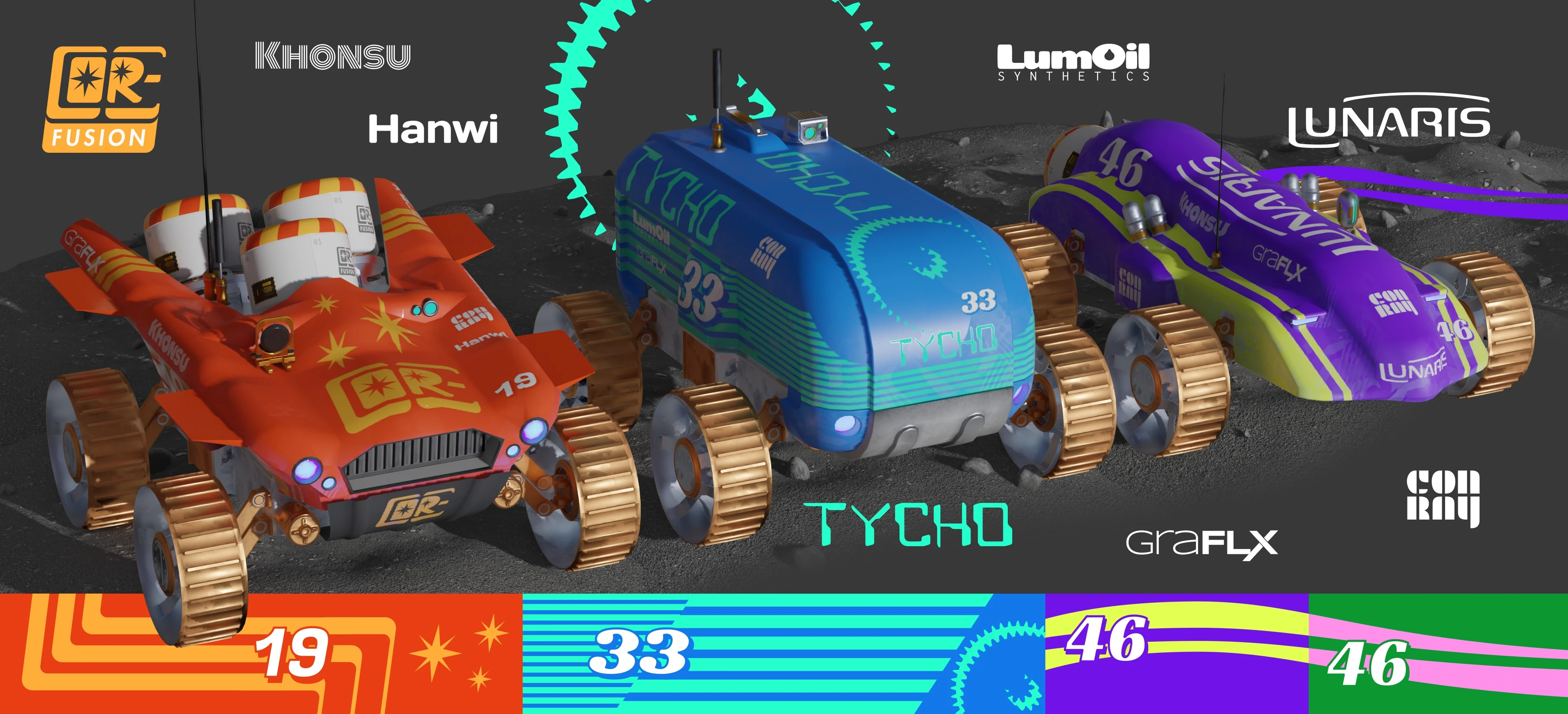 Rendered image of three distinct lunar rovers, each with a unique color scheme and fictional branding. The rovers are red with yellow accents, blue with light blue accents, and purple with lime green accents, each featuring different racing-style numbers and logos. This image showcases the diverse aesthetic possibilities for the rover designs in the Cosmic Careers game.
