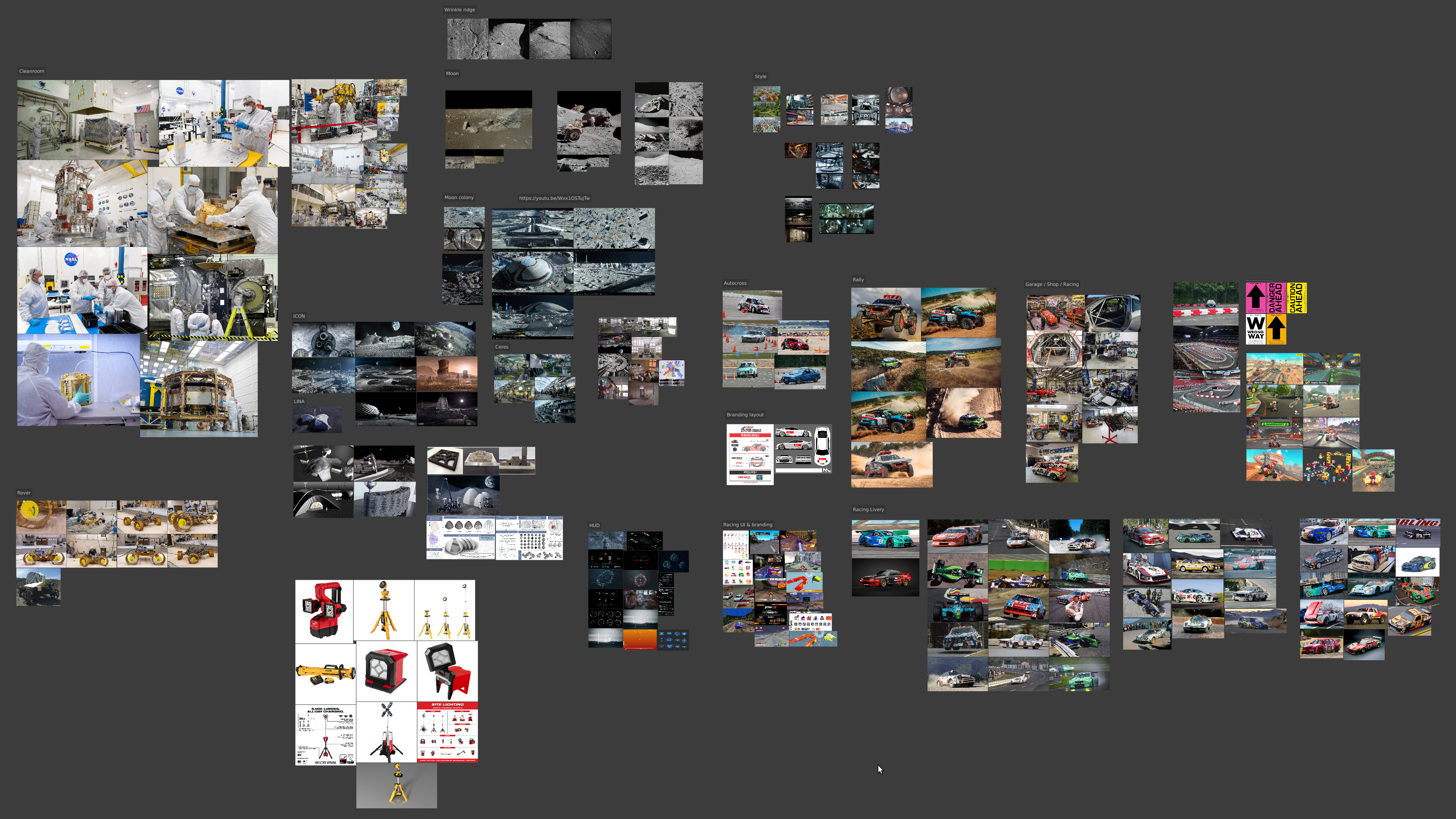A comprehensive digital mood board or reference board, displaying a wide array of small images. Categories include multiple photos of cleanrooms with scientists in protective gear, various lunar surface images, space exploration concept art, futuristic vehicles, additive manufacturing processes, and numerous photos of modern and classic racing cars. This visual reference board was used for inspiration and concept development during the project.