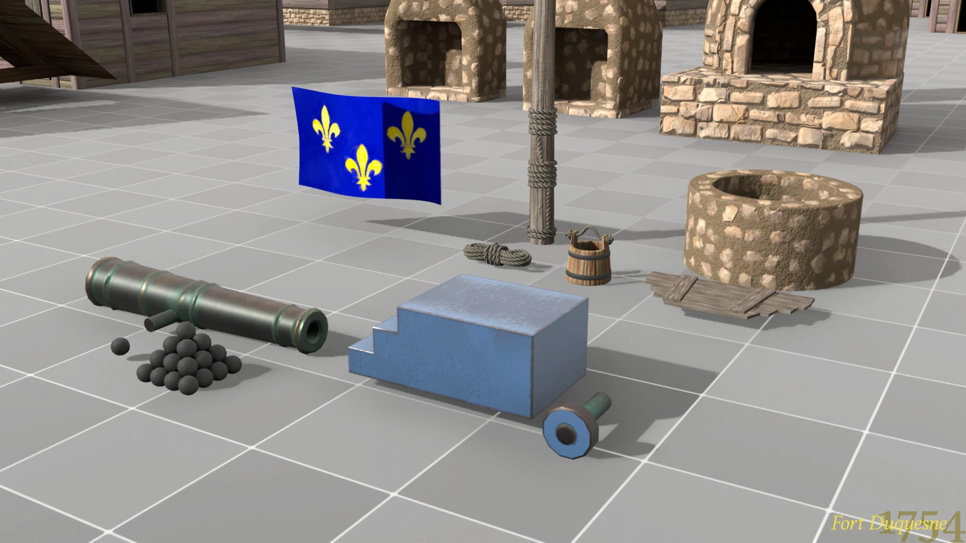 A collection of 3D model components for the Fort Duquesne kit, including a cannon, well, and French flag, arranged on a grid.