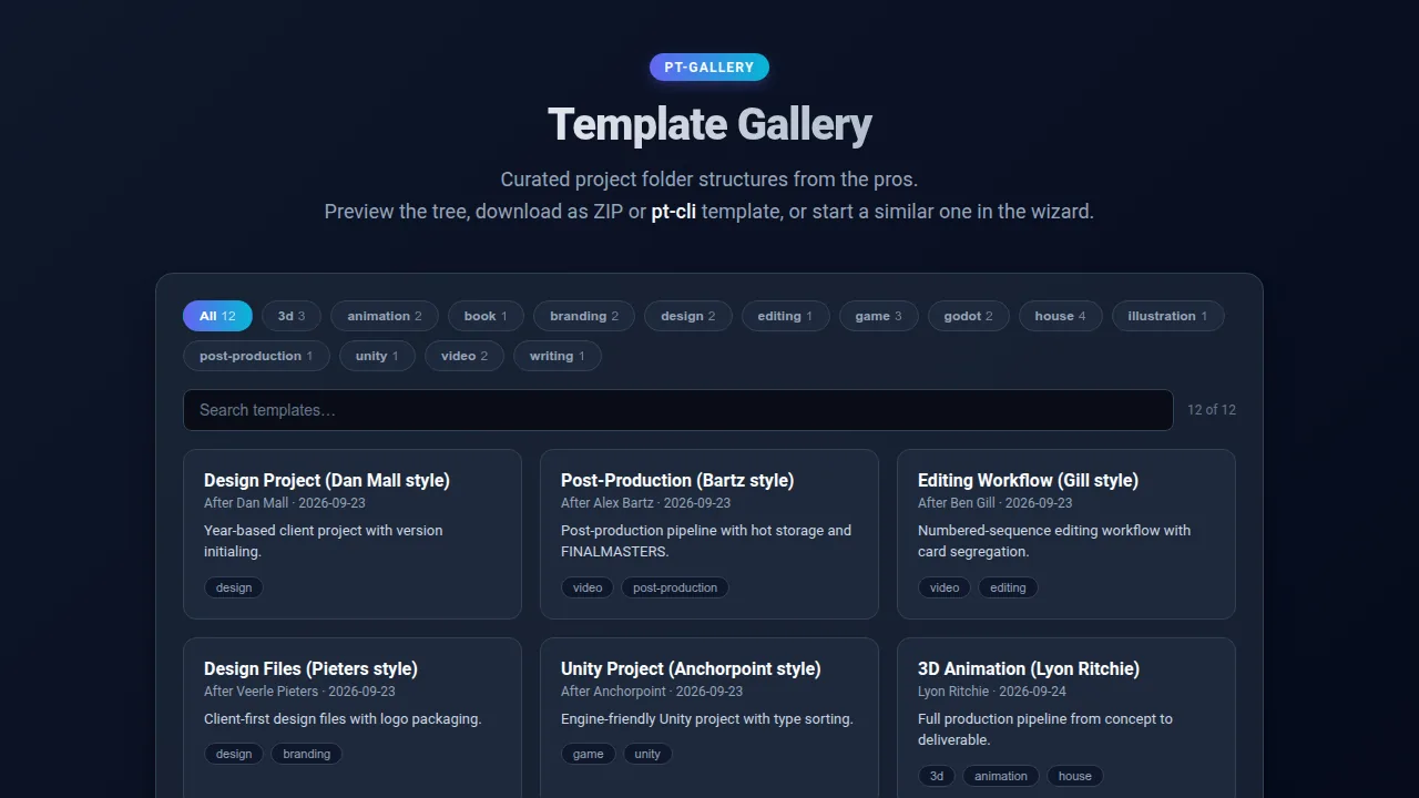 PT Gallery Template Gallery page showing the tag filter bar and the twelve-card grid of project structures.