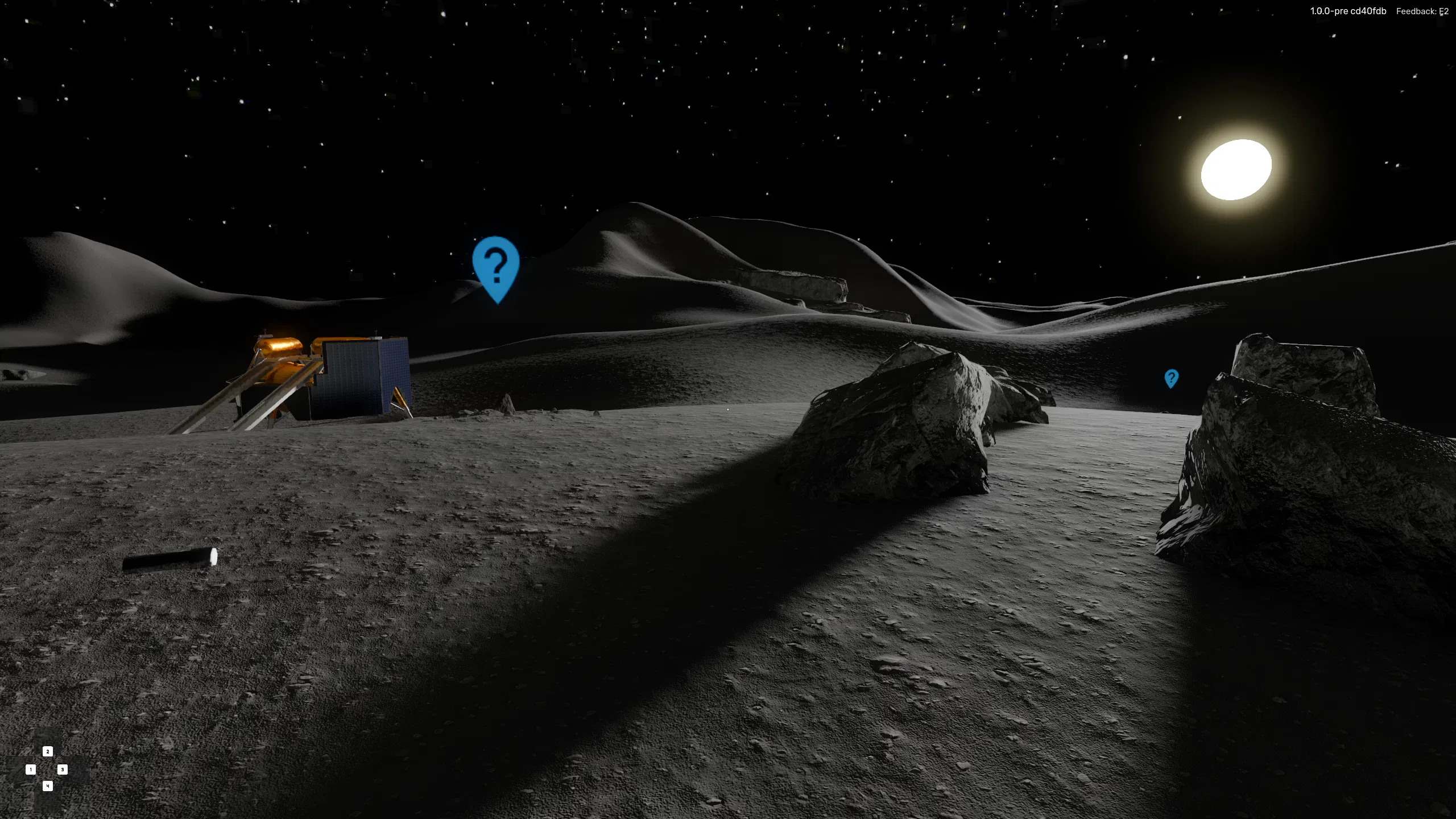 A view of the lunar surface with rocks, a flashlight, and the Griffin lander in the background, illuminated by the sun.