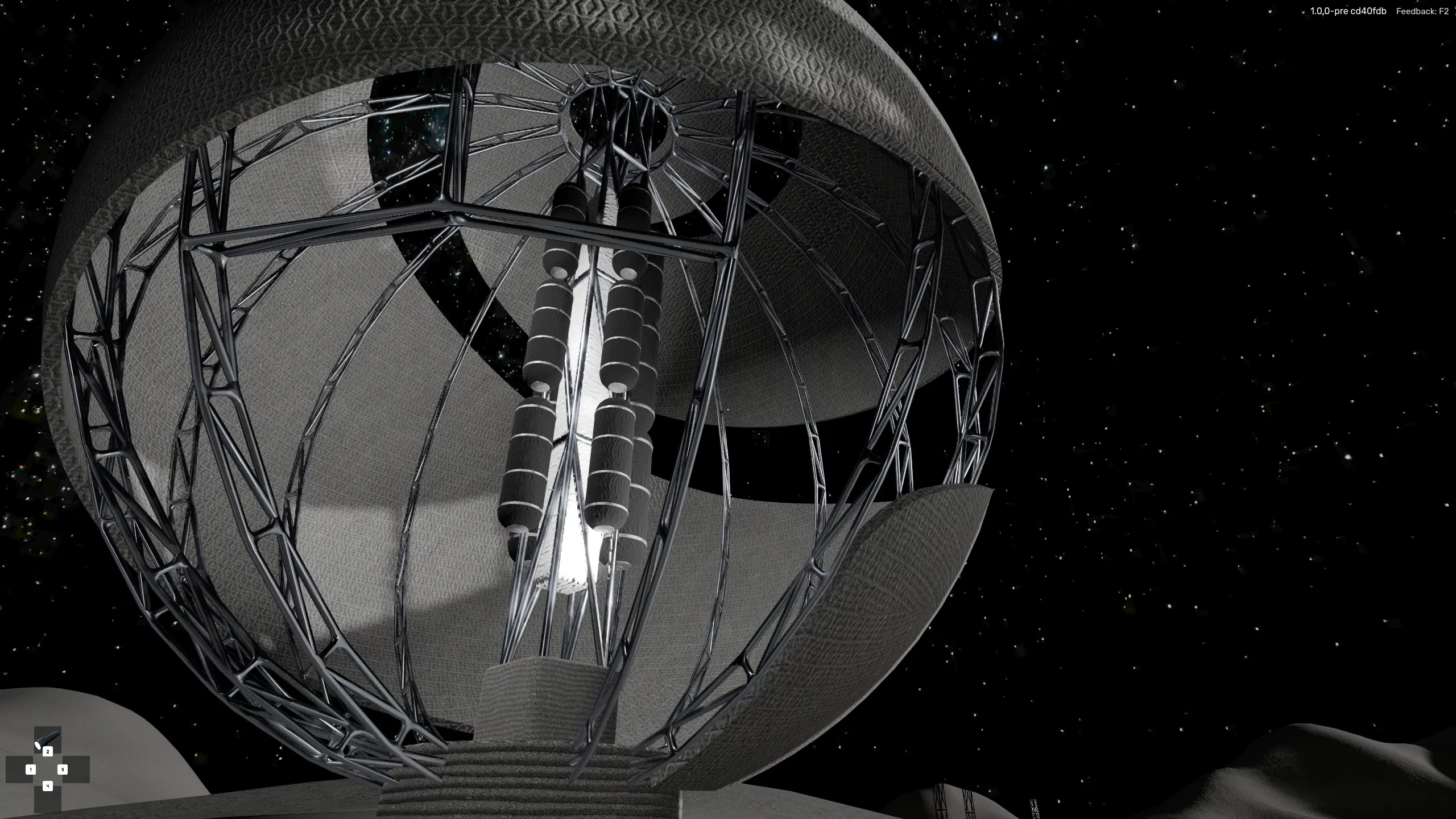 A detailed close-up of a spherical, 3D-printed lunar building with a cutaway showing its complex internal truss structure.
