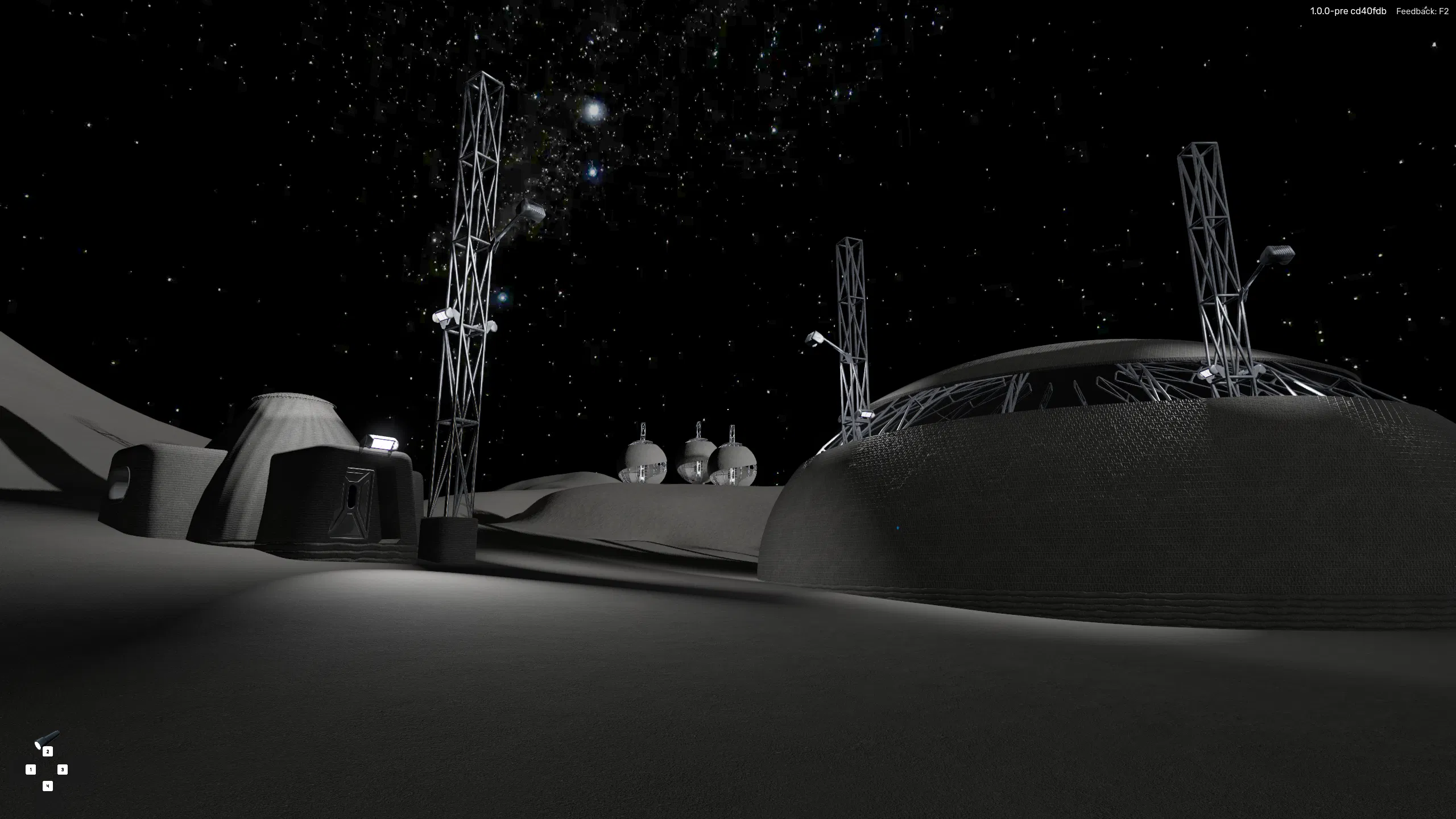 A wide-angle shot of a futuristic lunar base with several domed, 3D-printed structures and light towers under a starry sky.