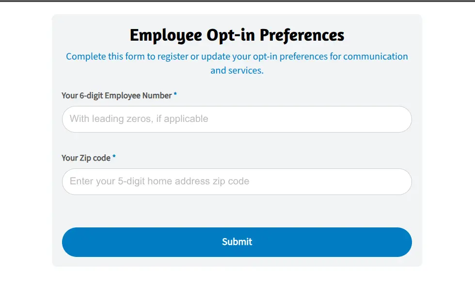 Employee Opt-in Preferences form with employee number and zip code fields