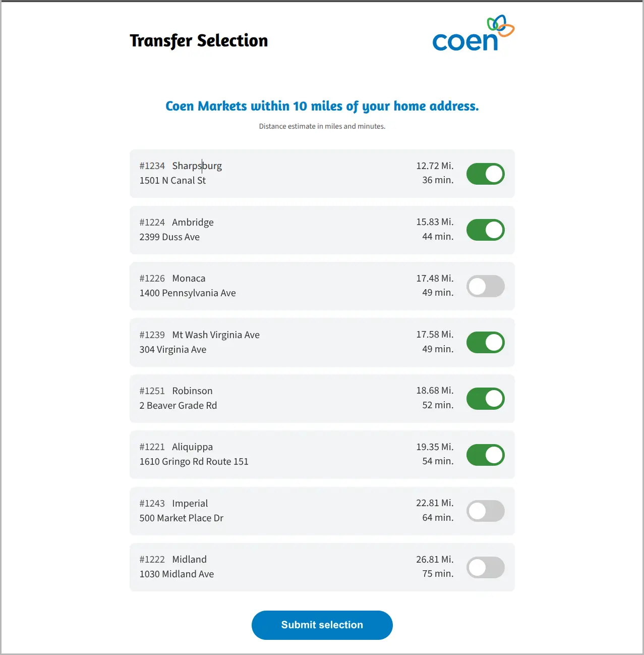 Transfer Selection form listing nearby Coen Markets stores with distance estimates and toggle switches