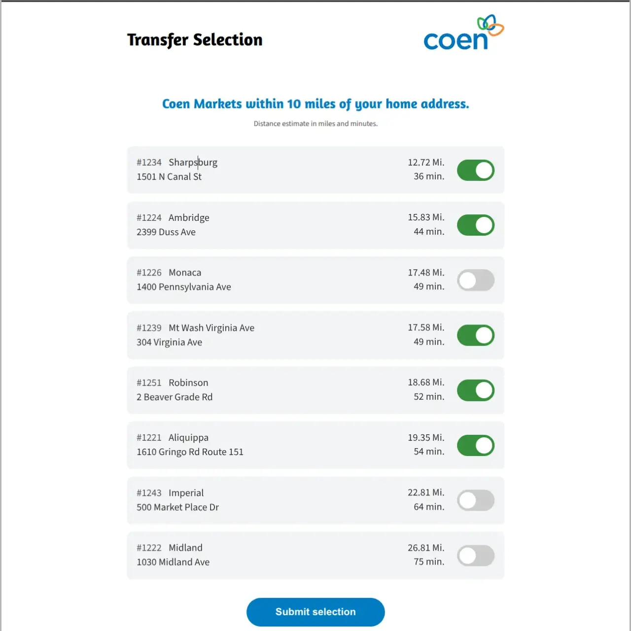 Transfer Selection form listing nearby stores with distance estimates and toggle switches