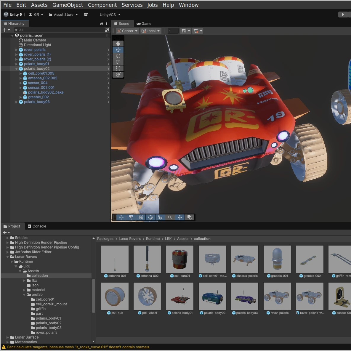 Unity screenshot of three distinct lunar rovers from the Cosmic Careers game. This is the rover scene from the Samples folder.