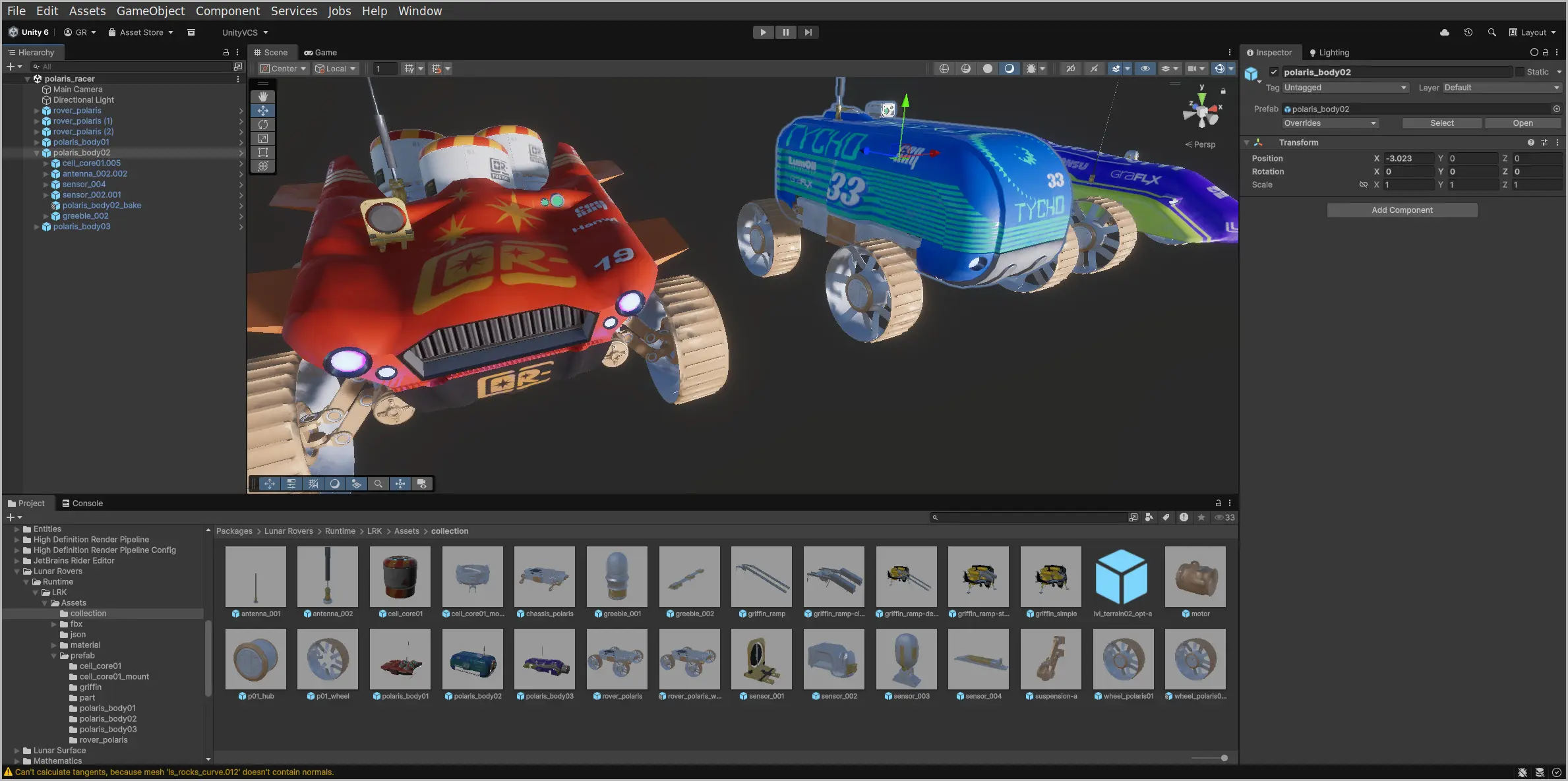 Unity screenshot of three distinct lunar rovers from the Cosmic Careers game. This is the rover scene from the Samples folder.