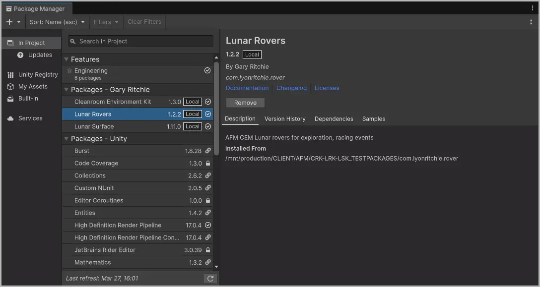 A screenshot of the Unity Package Manager window.