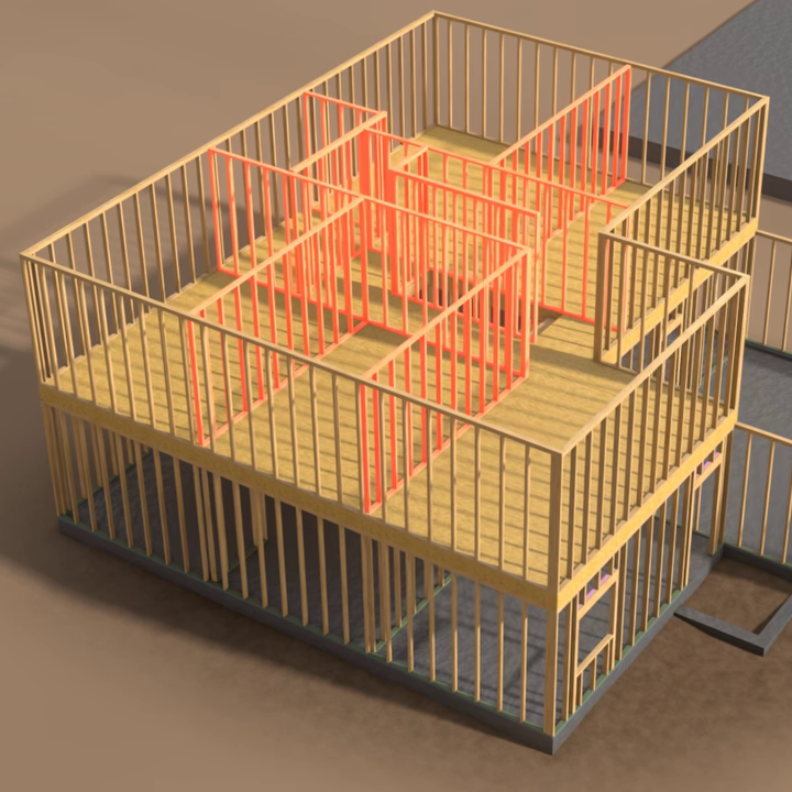 Second floor framing with non-structural interior walls highlighted